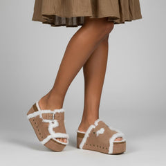 Tuhoomall Blue Faux Suede Fur-Lined Studs Double Buckle Strap Round Platform Cork Sandals Slippers