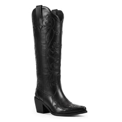 Tuhoomall Tuhoomall Western Knee-High Boots for Women, Floral Embroidered Design, Perfect for Parties, Office, and Casual Wear, 7.5 cm Classic Mid Chunky Heel