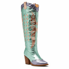 Tuhoomall Western Cowgirl Mid Calf Boots with Snip-Toe and Chunky Heel for Fashion Parties and Performances, Animal Pattern, Metallic Bright Surface