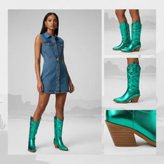 Tuhoomall Comfortable Western Boots for Women – 6cm Low Chunky Heel, Slip-On Design with Floral Embroidery - Fashionable All-Season Style