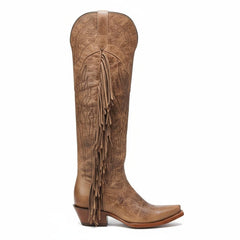 Tuhoomall Fringe Western Knee High Boots for Women, Soft Vegan Suede, Embroidered Design, Perfect for Vintage, Casual, and Party Wear