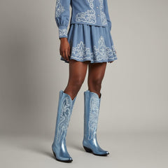 Tuhoomall Western Mid Calf Boots for Women, Embroidered Pointed Toe, Chunky Heel, Slip-On Design for Casual Style