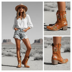 Tuhoomall Stylish Western Ankle Boots with Floral Embroidery, Rubber Sole, Chunky 5cm Heel for Classic and Casual Looks