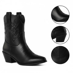 Tuhoomall Western Ankle Boots with Embroidered Pattern, 5cm Chunky Heel, Slip-On Design for Fashion and Travel, Durable Synthetic Fabric Lining