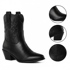 Tuhoomall Western Ankle Boots with Embroidered Pattern, 5cm Chunky Heel, Slip-On Design for Fashion and Travel, Durable Synthetic Fabric Lining Tuhoomall