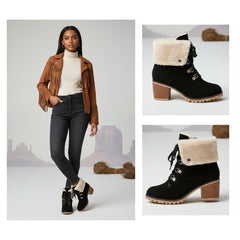 Tuhoomall Fashion Casual Ankle Boots for Women, Classic Street Style, Round Toe, Mid Heel, Lace-Up, Solid Color, Perfect for Winter Wear