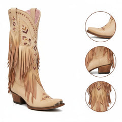 Tuhoomall Western Cowgirl Mid Calf Boots - Snip-Toe, Chunky Heel, Embroidered Fringe Design for Outdoor Style