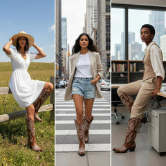 Tuhoomall Western Cowgirl Boots, Slip-On Mid Calf with Chunky Heel, Floral Embroidery for Parties and Casual Wear