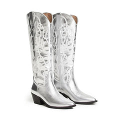 Tuhoomall Silver Metallic Knee High Western Boots for Women with Block Heel, Stylish Embroidered Full-Grain Leather, Easy Pull-On, Perfect for Casual Fashion Tuhoomall