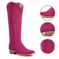 Tuhoomall Western Mid-Calf Boots for Women with Chunky Heel, Zipper Closure, Embroidered Faux Suede and Rivets, Casual Fashion for All Seasons