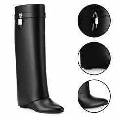 Tuhoomall Fashion Wedge Boots for Women, Comfortable Zipper Closure, Chic Metal Buckle, 7cm Heel for Parties and Daily Wear Tuhoomall