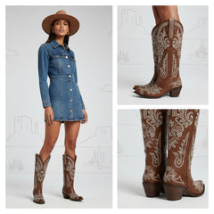 Tuhoomall Western Cowgirl Boots, Slip-On Mid Calf with Chunky Heel, Floral Embroidery for Parties and Casual Wear
