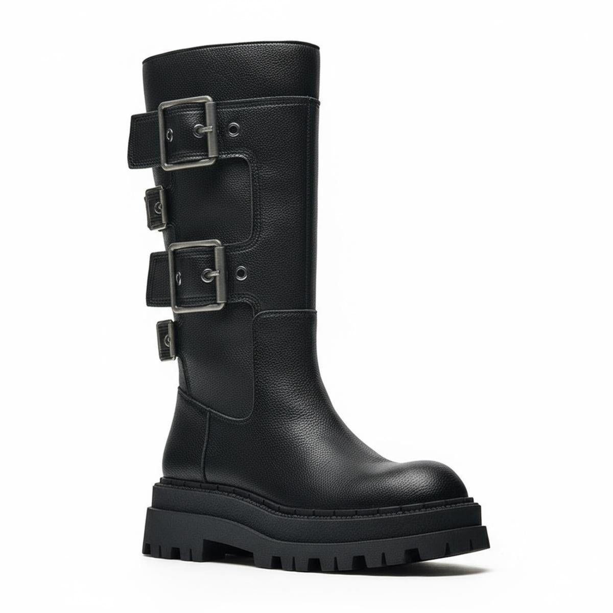 Tuhoomall Comfortable Mid-Calf Boots with Adjustable Metal Buckle for Casual Outdoor Fashion - Rubber Sole, Round Toe, All-Season Tuhoomall