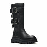 Tuhoomall Comfortable Mid-Calf Boots with Adjustable Metal Buckle for Casual Outdoor Fashion - Rubber Sole, Round Toe, All-Season