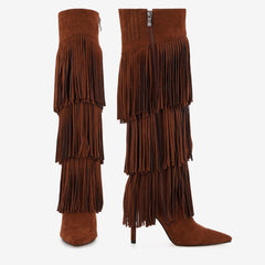 Tuhoomall Fashion Women's Knee-High Boots with Fringe Detail, Stylish Pointed Toe, and 10.7cm Stiletto Heel for Parties and Performances