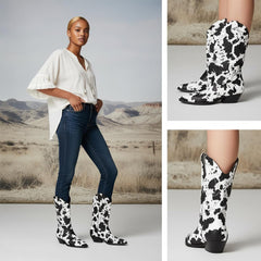 Tuhoomall Cow Pattern Western Boots for Women, Round Toe, Chunky 1.57in Heel, Casual Slip-On Mid-Calf Design, Stylish All-Season Footwear