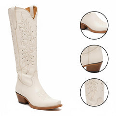 Tuhoomall White Western Boots with Embroidery and Rivets, Mid-Calf Design, Stylish for Fashion, Outdoor & Casual Wear, Comfortable 2.00 in Heel Tuhoomall