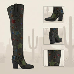 Tuhoomall Western Rhinestone Over-The-Knee Boots for Women, 9.5 cm Irregular Heels, Sparkling Slip-On Stylish Casual Footwear