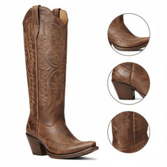 Tuhoomall Stylish Western Mid-Calf Boots for Women - Embroidered Vegan Leather, 2.76in Low Chunky Heel, Perfect for Year-Round Casual Wear