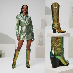 Tuhoomall Western Knee-High Boots for Women, Slip-On High Heels 3.74in, Metallic Finish, Fashion-Forward Design, Perfect for Performances and Street Style