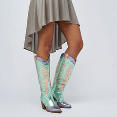 Tuhoomall Western Cowgirl Mid Calf Boots with Snip-Toe and Chunky Heel for Fashion Parties and Performances, Animal Pattern, Metallic Bright Surface