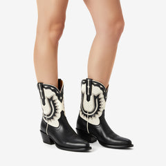 Tuhoomall Stylish Women's Ankle Boots with Embroidery and Laser Cut Out, Perfect for Parties and Performances, Comfortable Chunky Heel Design