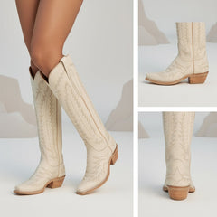 Tuhoomall Western Snip-Toe Mid Calf Boots with Chunky Heel | Fashion Retro Casual Embroidery Slip-On Design | All Seasons Stylish Footwear Tuhoomall