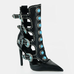 Tuhoomall Fashion Ankle Boots for Women with Chunky Heels, Pointed Toe, Embellished Design, Perfect for Casual, Performances, and Parties