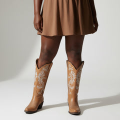 Tuhoomall Western Style Embroidered Mid-Calf Boots for All Seasons, Slip-On Low Chunky Heels with PU Material and Sniper Toe Design