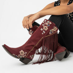 Tuhoomall Western Cowboy Boots for Women, Floral Embroidered Mid-Calf Chunky Heel, Trendy Fringe Detail, Perfect for Casual Outings and Performances