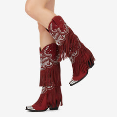 Tuhoomall Western Knee High Boots for Parties, Performances, Fashionable Comfort with Floral Embellishments and Sparkling Details