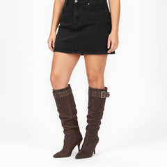 Tuhoomall Style Knee High Boots with Pointed Toe, 9cm Stiletto Heel, Perfect for Parties and Performances, Vintage and Stylish Design