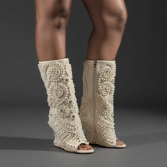 Tuhoomall Wedge Heel Floral Peep-Toe Ankle Boots with Rhinestone Accents for Parties and Performances