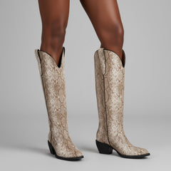 Tuhoomall Western Style Knee-High Boots for Women, Chunky Heel, Animal Print Vegan Leather, Slip-On Design for All Seasons Tuhoomall