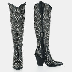 Tuhoomall Knee High Western Boots For Women, Western Style, Pointed Toe, Chunky Heel, Zipper Closure Perfect For Spring, Autumn, Winter