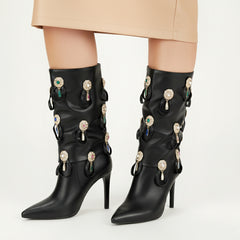 Tuhoomall Ankle Boots for Women, Casual Wrinkled Booties, Glamorous Rhinestone and Metallic Buckle Design, Perfect for Outdoor Fashion