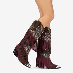 Tuhoomall Western Knee High Boots for Parties, Performances, Fashionable Comfort with Floral Embellishments and Sparkling Details
