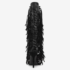 Tuhoomall High Heel Open Toe Booties with Fringe and Stone Detail for Party and Fashion Runway Events