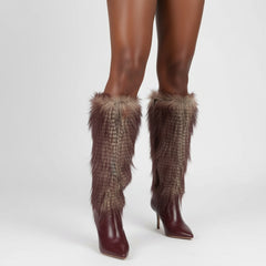 Tuhoomall Knee-High Faux Fur Booties with Zip Closure for Fashion Parties and Performances, Pointed Toe High Heels