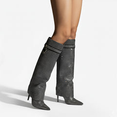 Tuhoomall Western Knee-High Cowboy Boots for Women, Stylish and Outdoor, Glittering Rhinestones and Metal Buckle, 12 cm Stiletto Heel