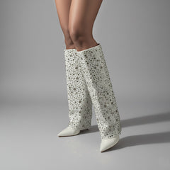 Tuhoomall Sparkling Knee-High Glitter Wedge Boots for Parties, Performances, and Fashion Events - Comfortable, Trendy, with Elegant Geometric Design