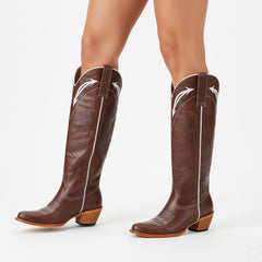 Tuhoomall Western Cowboy Knee-High Boots for Women, Floral Embroidery, Stylish Chunky Heels, Comfortable Everyday Wear