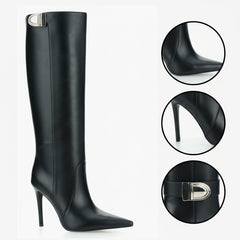 Tuhoomall Knee-High Stiletto Boots for Women - Comfortable PU Leather, Stylish Pointed Toe, Chic Metallic Accents