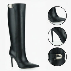 Tuhoomall Knee-High Stiletto Boots for Women - Comfortable PU Leather, Stylish Pointed Toe, Chic Metallic Accents Tuhoomall
