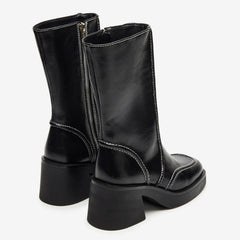 Tuhoomall Fashionable Casual Mid-Calf Boots for Travel and Outdoor, Comfortable Chunky Heels with Metal Zipper and Color Block Design