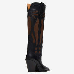 Tuhoomall Western Style Knee-High Floral Embellished Cowboys Boots for Women, Casual Use, Sharp Toe, Chunky Heel, All-Season Comfort