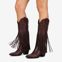 Tuhoomall Comfortable Western Knee-High Boots with Fringe and Studs for Fashion, Party, and Performance - 7.5cm Chunky Heel, All-Season Wear