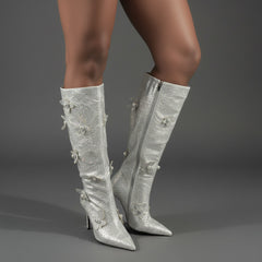 Tuhoomall Comfortable Rhinestone Embellished Knee High Boots for Parties, Performances, and Special Occasions with 9.5cm Stiletto Heel