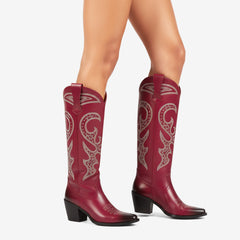 Tuhoomall Western Style Knee High Boots With Rhinestones & Embroidery, Trendy Chunky Heels For Casual Office Wear, All Season Comfort