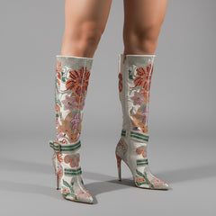 Tuhoomall Knee-High Boots with Floral Rhinestone Accents, Comfortable Chunky Heels for Parties and Performances